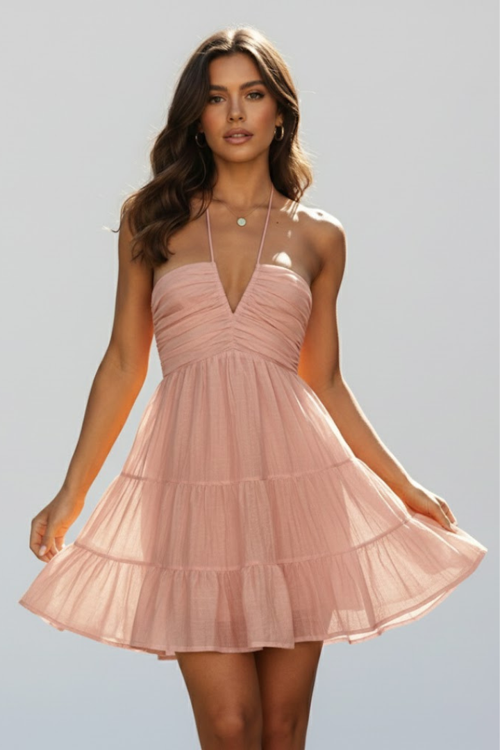 Robe Mini Femme en tissu léger, col V, coupe fluide – Menvelo