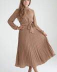 Robe Midi Plissée Femme – Ceinture à Nouer Col Montant Manches Longues