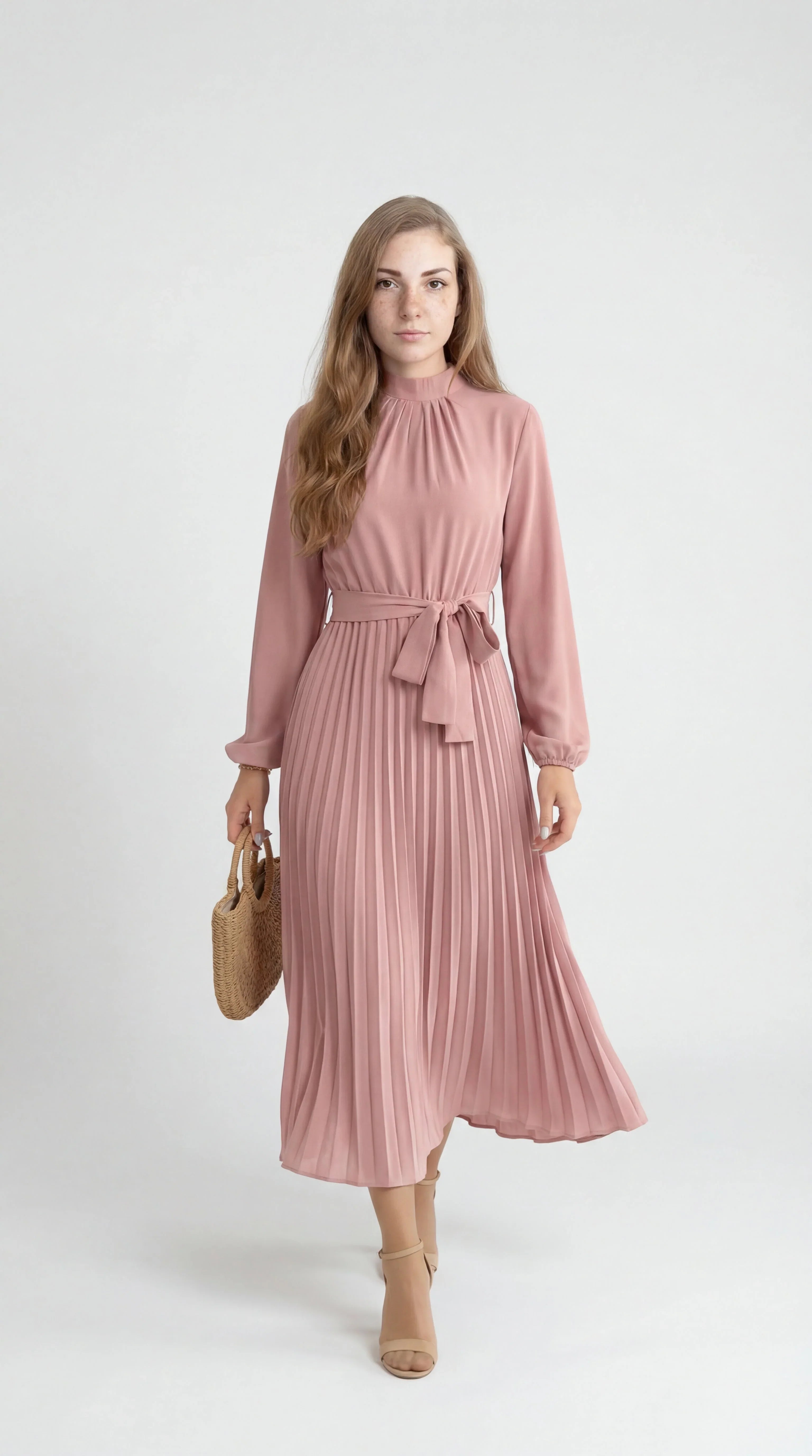 Robe Midi Plissée Femme – Ceinture à Nouer Col Montant Manches Longues