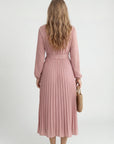Robe Midi Plissée Femme – Ceinture à Nouer Col Montant Manches Longues