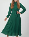 Robe Midi Plissée Femme – Ceinture à Nouer Col Montant Manches Longues