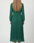 Robe Midi Plissée Femme – Ceinture à Nouer Col Montant Manches Longues