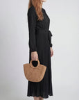 Robe Midi Plissée Femme – Ceinture à Nouer Col Montant Manches Longues