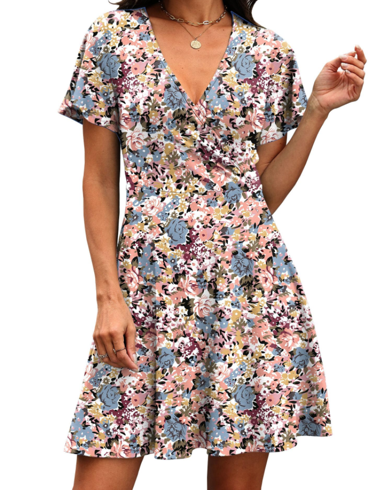 Robe Mini Femme en tissu léger, col V, coupe trapèze – Menvelo