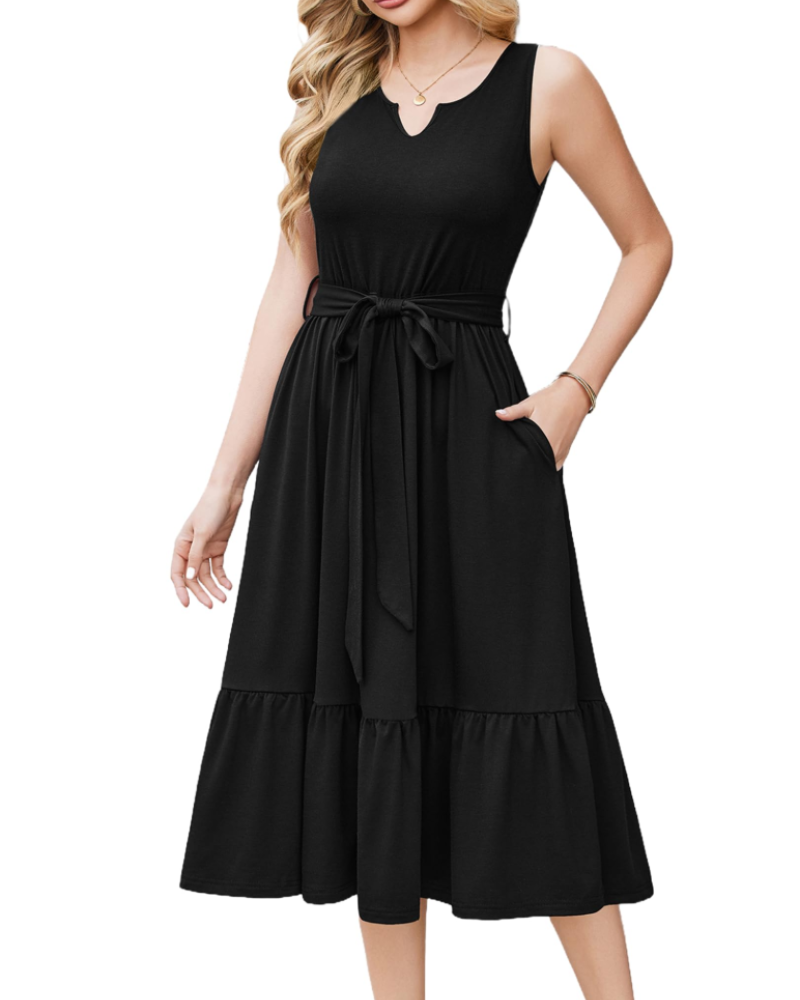 Robe Midi Femme en tissu léger, col V, coupe fluide – Menvelo