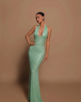Robe Maxi Femme à Sequins Col Halter – Coupe Moulante Décolleté V