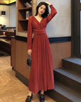 Robe Maxi Femme Coton Pailleté – Décolleté Profond Manches Longues Coupe Fluide