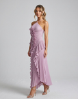 Robe Midi Femme à Col Licou Plissée – Détails Volants Élégants