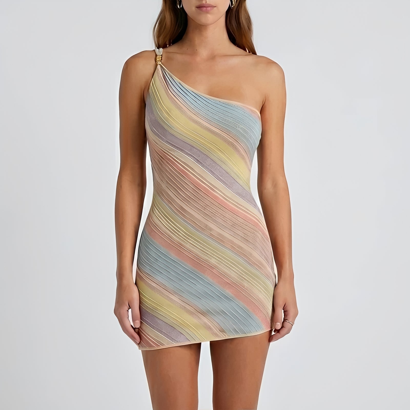 Robe Pull Femme en maille côtelée, asymétrique, coupe moulante – Menvelo