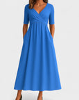 Robe Midi Élégante Femme à Col V – Manches Courtes Taille Définie