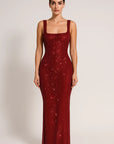 Robe Longue Femme à Paillettes – Dos Nu et Col Carré