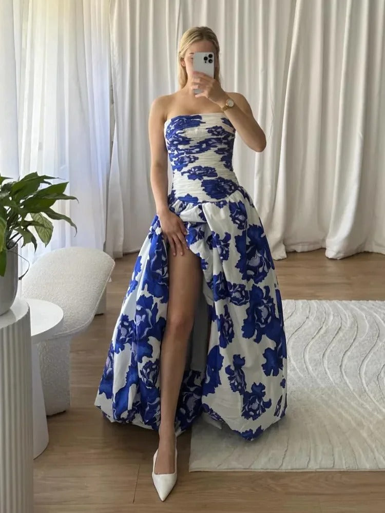 Robe Longue Femme Fleurie Bustier – Jupe Évasée & Fente Haute