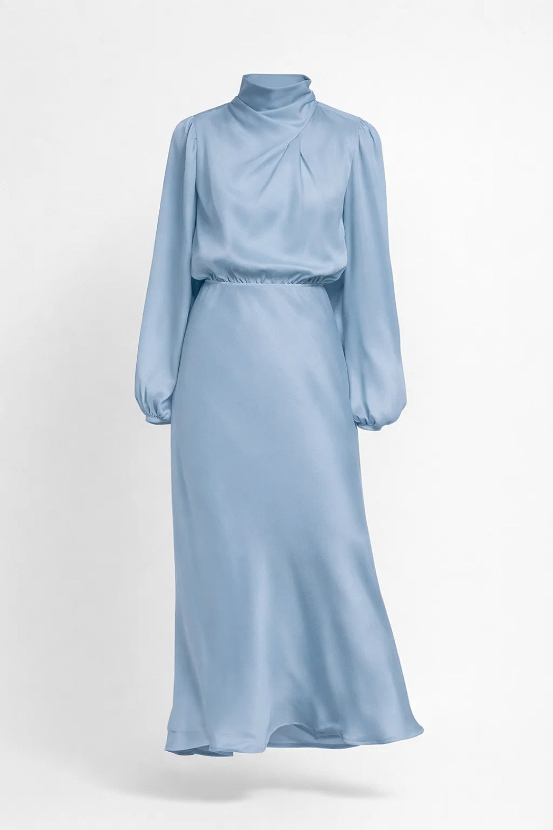 Robe Midi Femme Satinée – Col Montant Manches Longues Élégante