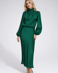 Robe Midi Femme Satinée – Col Montant Manches Longues Élégante
