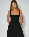Robe midi femme col carré – coupe évasée sans manches