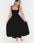 Robe midi femme col carré – coupe évasée sans manches