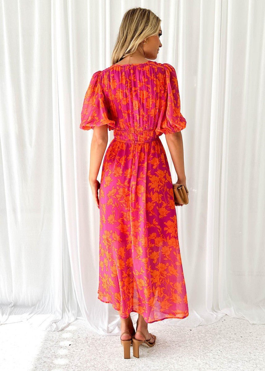 Phoebe | Robe maxi à manches bouffantes et col en V à fleurs pour femmes