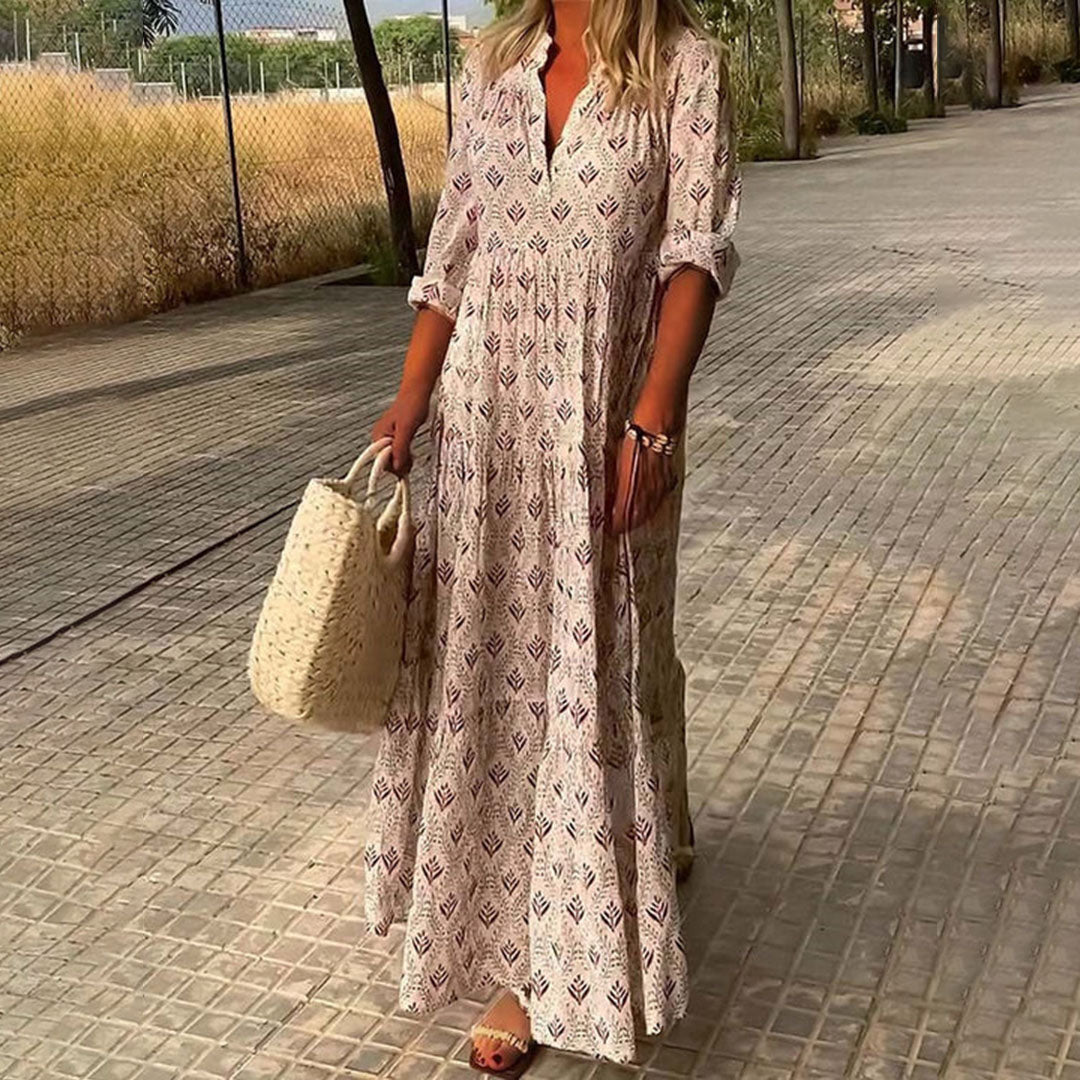 Robe Longue Femme Bohème Col V – Coupe Ample Manches Mi-Longues Légère