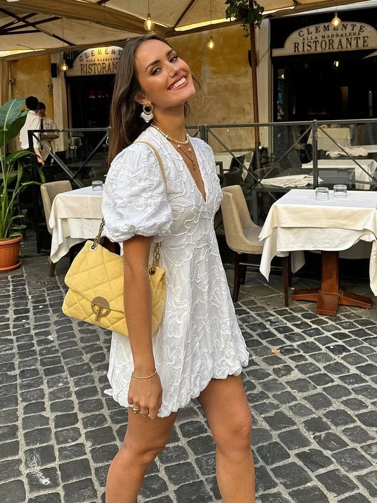 Robe Mini Femme en coton, manches bouffantes, coupe moulante – Menvelo