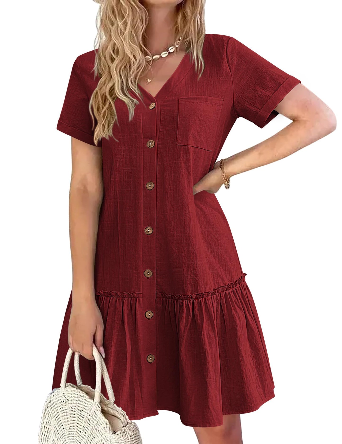 Robe Midi Femme en lin, col V, coupe fluide – Menvelo