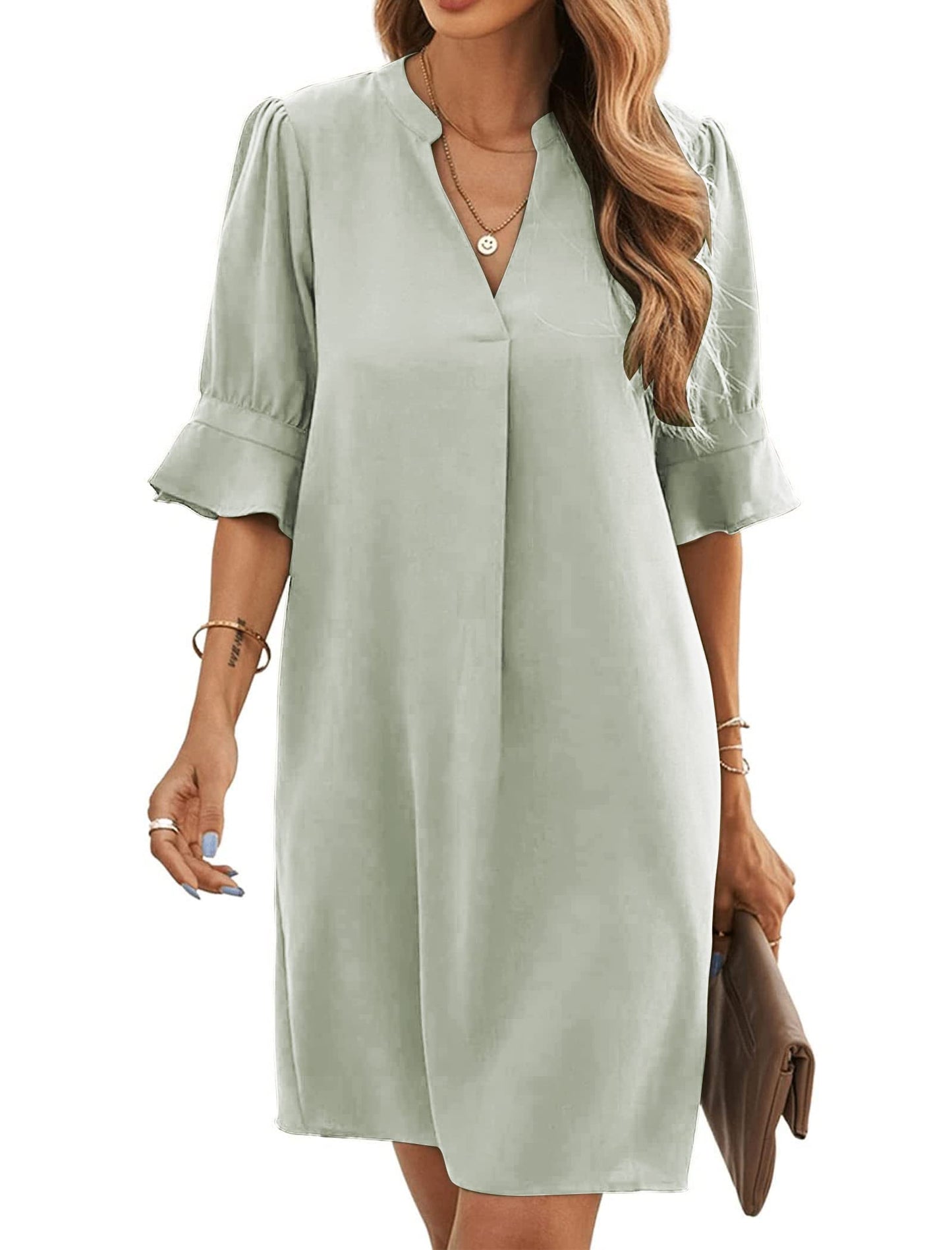 Robe Midi Femme en tissu léger, col V, coupe fluide – Menvelo