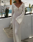 Robe Longue Femme en Maille Ajourée – Col V Manches Cloche Style Bohème