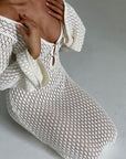 Robe Longue Femme en Maille Ajourée – Col V Manches Cloche Style Bohème