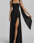 Robe Maxi Femme Noire Col Halter – Fente Haute Jupe Plissée