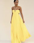 Robe Longue Femme à Dos Nu et Col Licou Plissée – Silhouette Fluide Sol