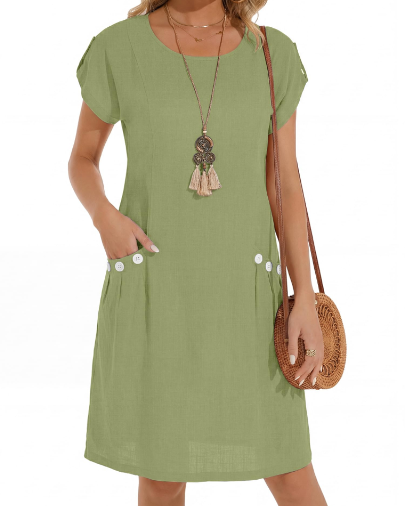 Robe Midi Femme en lin, col rond, coupe fluide – Menvelo