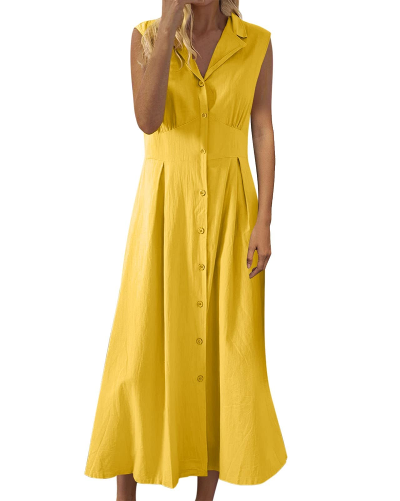 Robe Midi Femme en lin, sans manches, coupe fluide – Menvelo