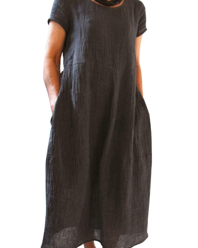 Risa Robe Maxi Femme – Robe Bohème Col Rond Manches Courtes & Poches