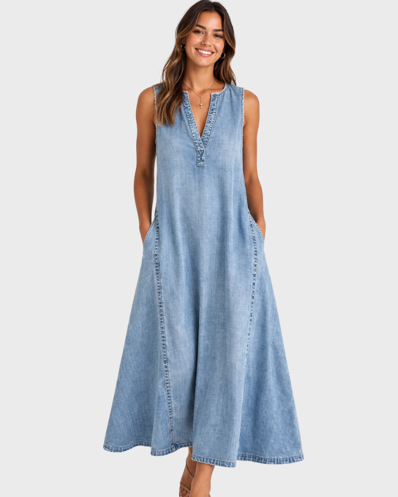 Robe Midi Femme en denim, col V, coupe fluide – Menvelo