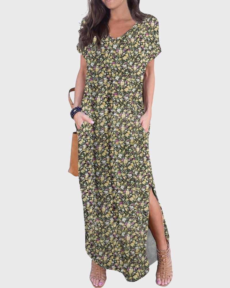 Rosenda Robe Maxi Femme – Col V Manches Courtes, Coupe Fluide & Fente avec Poches Été