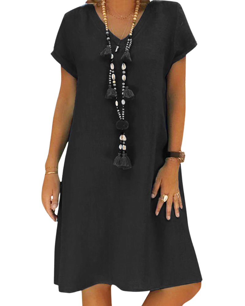Robe Midi Femme en lin, col V, coupe fluide – Menvelo