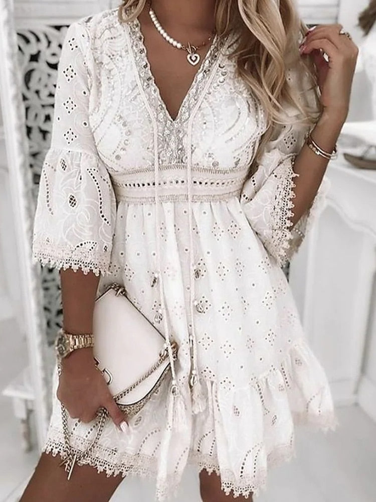 Robe Mini Femme en coton, col V, coupe décontractée – Menvelo
