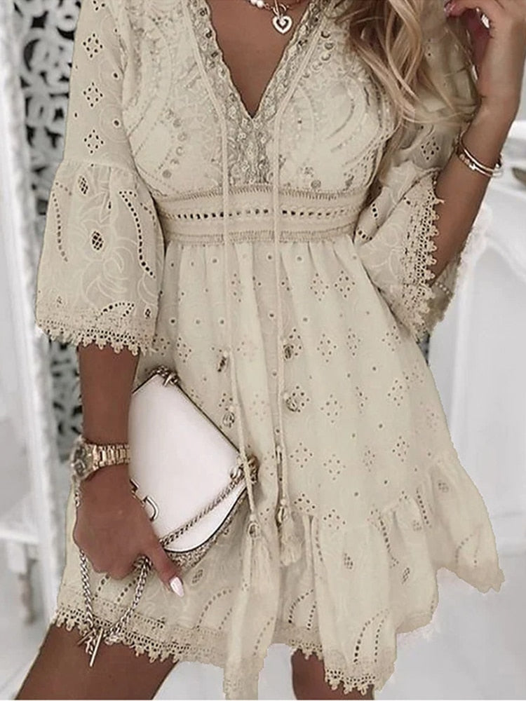 Robe Mini Femme en coton, col V, coupe décontractée – Menvelo