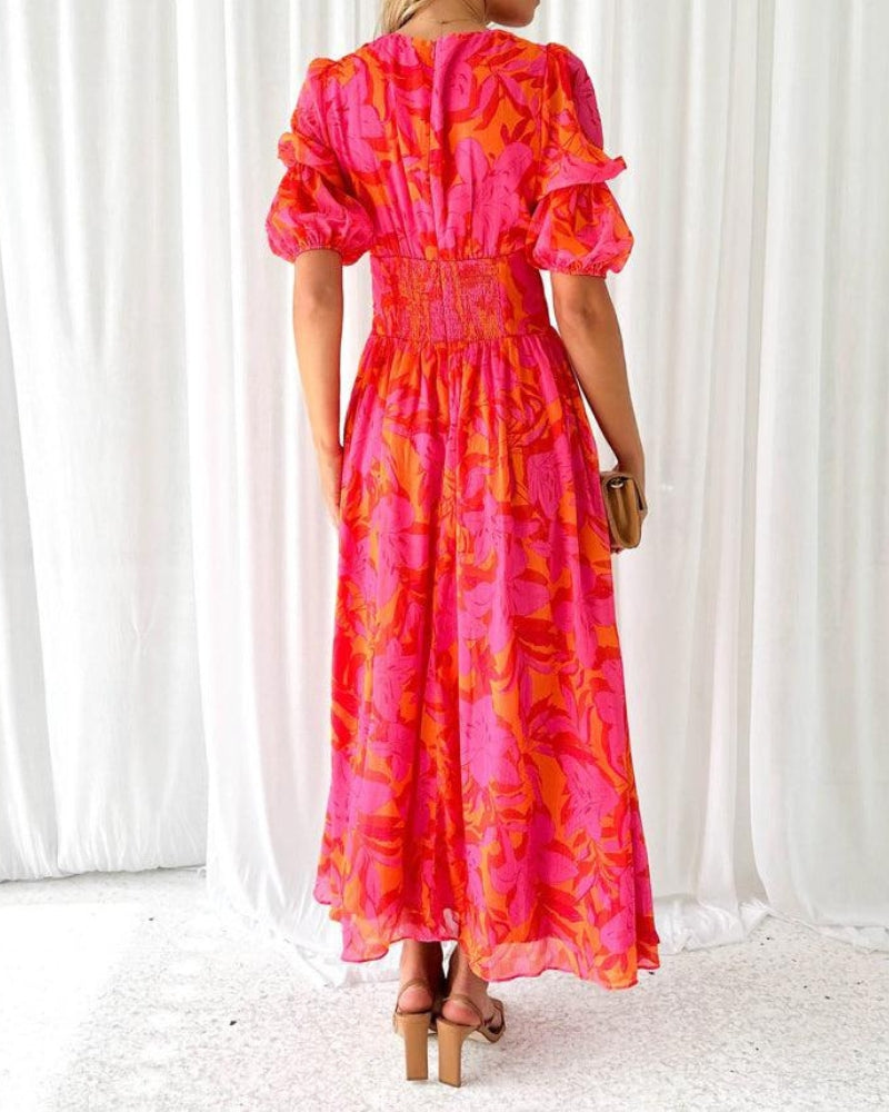 Robe longue élégante rouge et rose pour femme