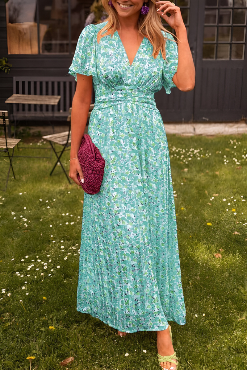 Robe Maxi Fleurie Femme à Col V – Détail Taille Fluide Élastique