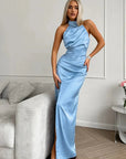 Robe Maxi Femme Satinée à Col Halter – Sans Manches Fente Haute