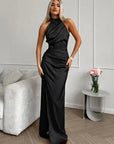 Robe Maxi Femme Satinée à Col Halter – Sans Manches Fente Haute