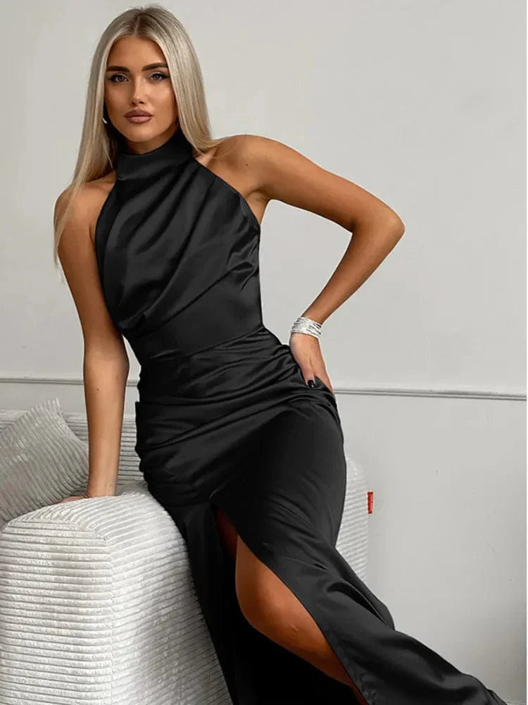 Robe Maxi Femme Satinée à Col Halter – Sans Manches Fente Haute