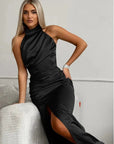 Robe Maxi Femme Satinée à Col Halter – Sans Manches Fente Haute