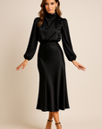 Robe Midi Satin Femme – Manches Longues Col Drapé