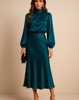 Robe Midi Satin Femme – Manches Longues Col Drapé