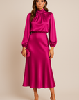 Robe Midi Satin Femme – Manches Longues Col Drapé