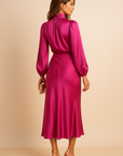 Robe Midi Satin Femme – Manches Longues Col Drapé