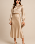 Robe Midi Satin Femme – Manches Longues Col Drapé