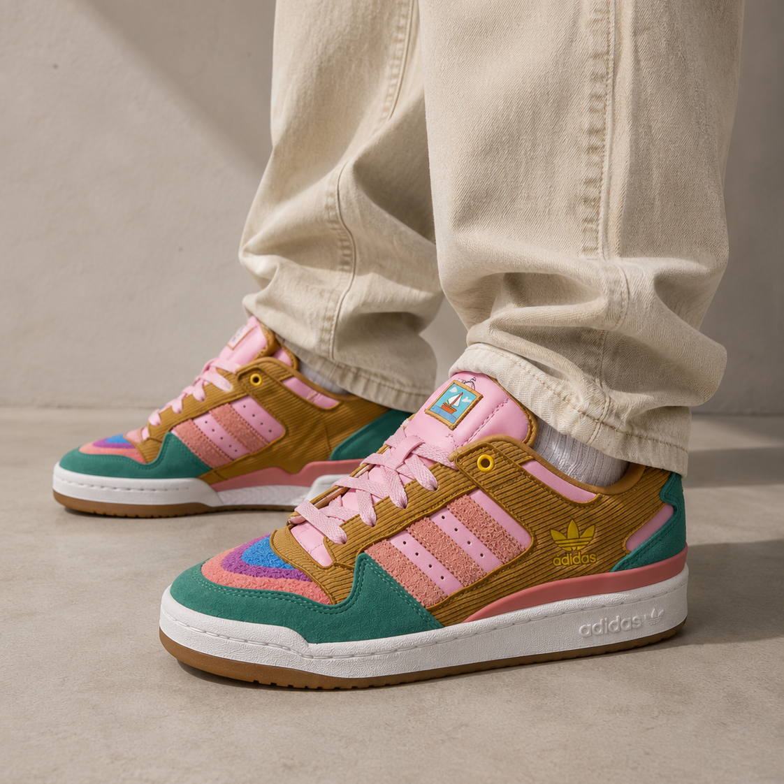 Adidas Forum Low Simpsons Living Room baskets basses homme et femme en cuir rose, détail tige