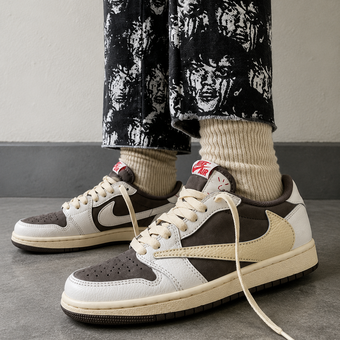 Air Jordan 1 Low Travis Scott Reverse Mocha baskets basses homme et femme en cuir marron, vue arrière